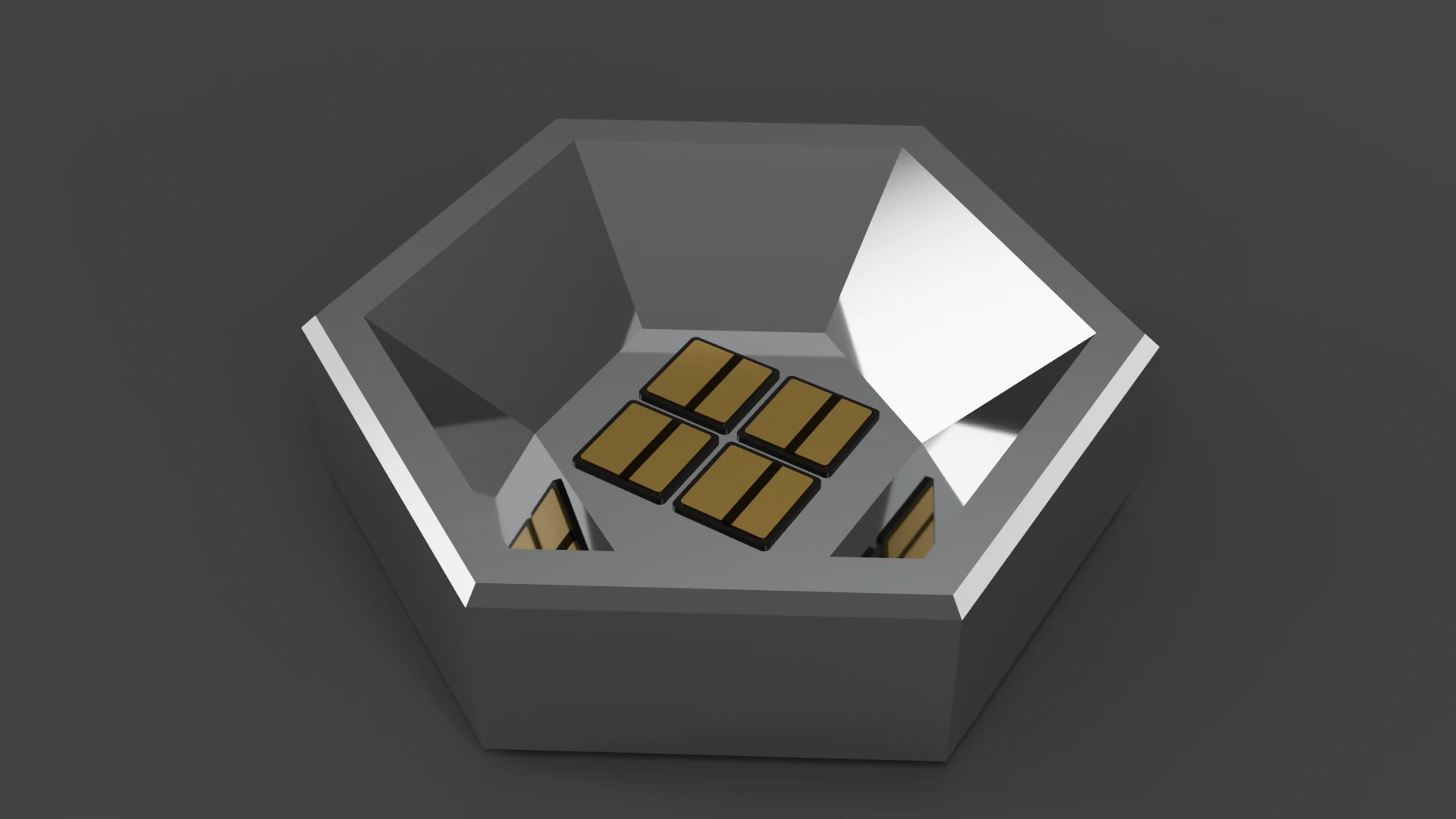G2.3 Hexagonal Bowl + Fresnel pod, standalone 3D render - Bowl family; 4 gold cells.