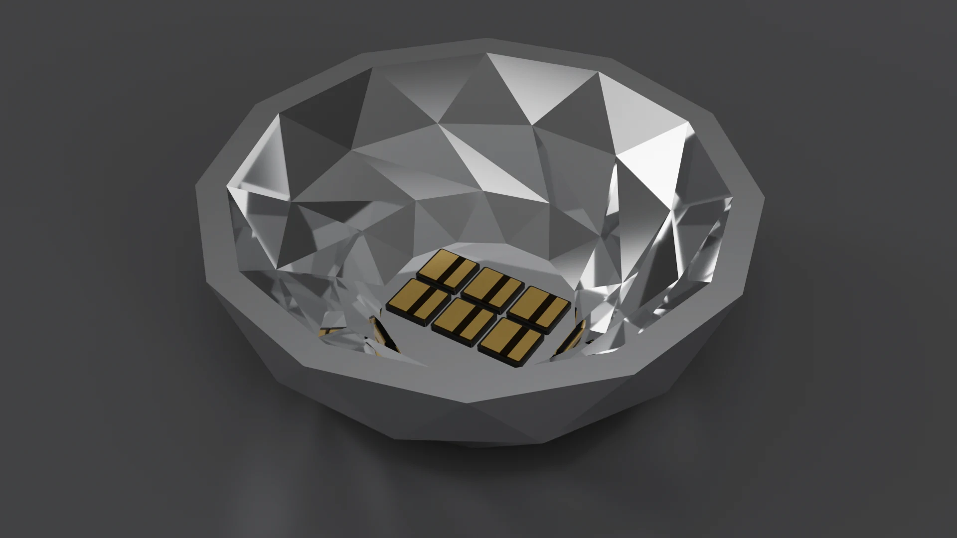 G3.2 Bowl Faceted pod, standalone 3D render - Polyhedral / Faceted family; 6 gold cells.