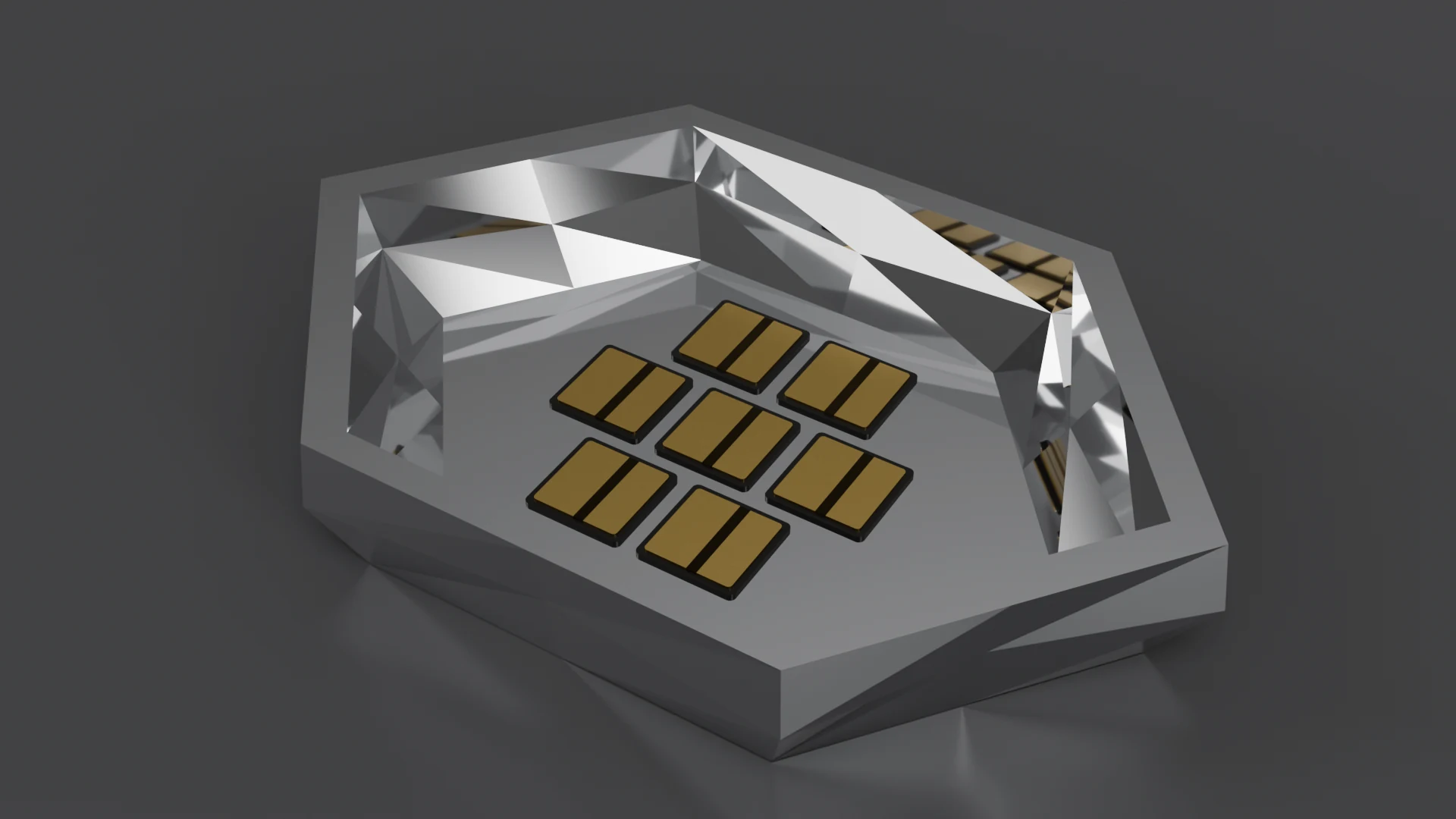 G3.3 Origami Adjustable pod, standalone 3D render - Polyhedral / Faceted family; 7 gold cells.