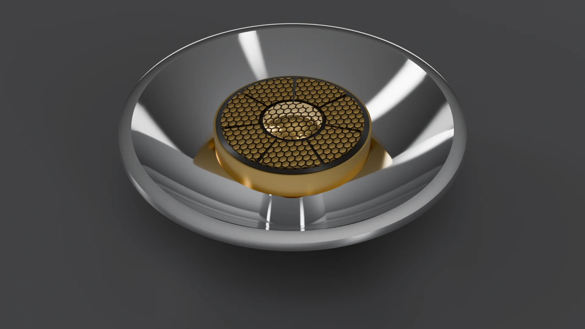 G4.2 Multi-Focal Core pod, standalone 3D render - Dish / Core-based family; 8 gold cells; core: flat honeycomb puck core (F1 core_flat), 8 top cells.