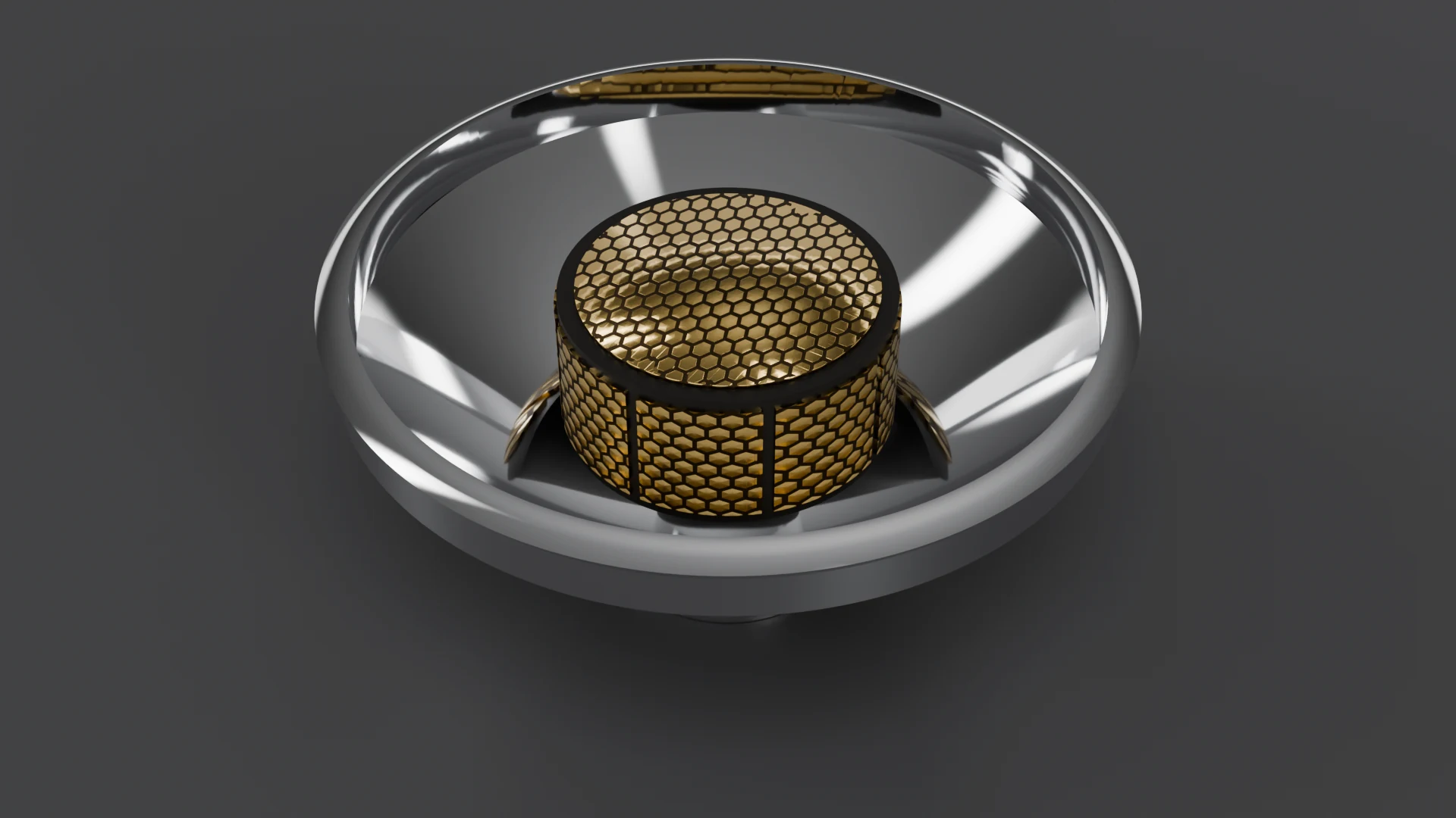 G4.3 Central Receiver Dish pod, standalone 3D render - Dish / Core-based family; 9 gold cells; core: cylindrical core in the deep well of a thin-walled dish (F1 core_cyl), 8 wall + 1 top cells.