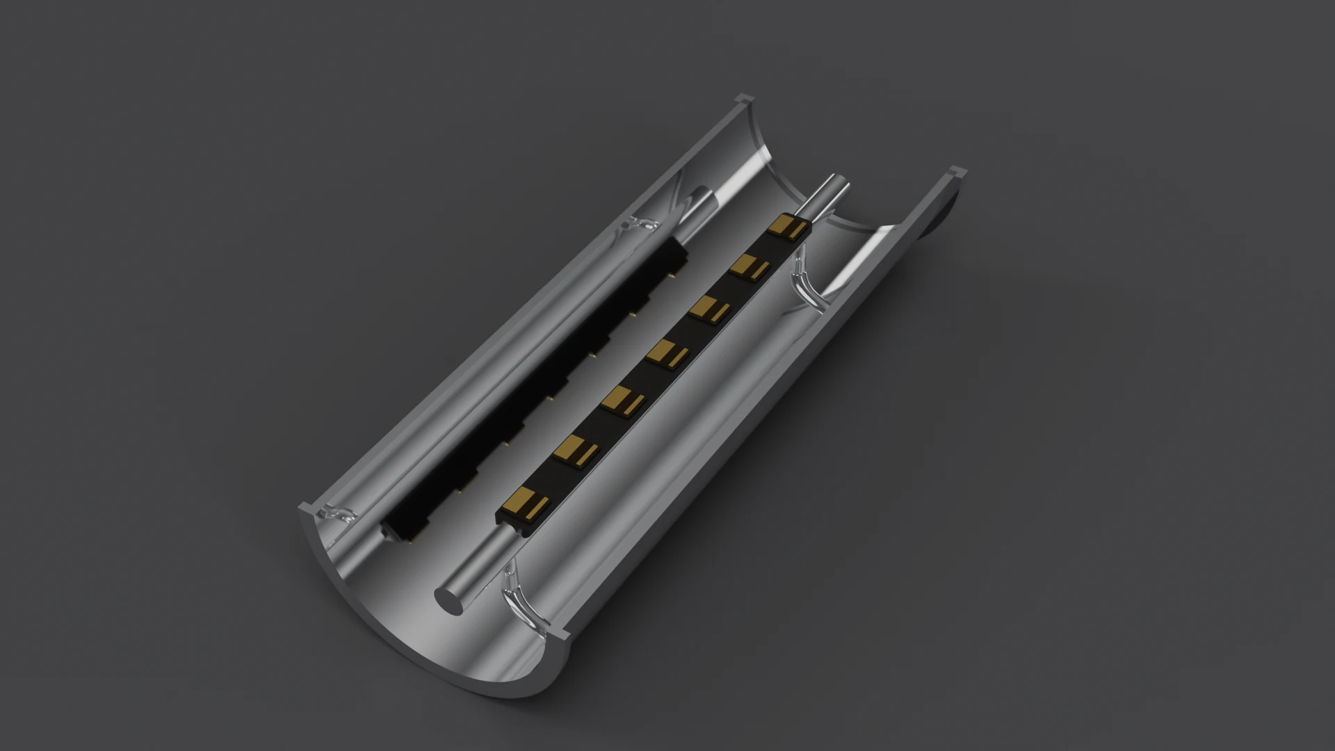 G5.2 Cylindrical Linear pod, standalone 3D render - Rod / Linear family; 7 gold cells.