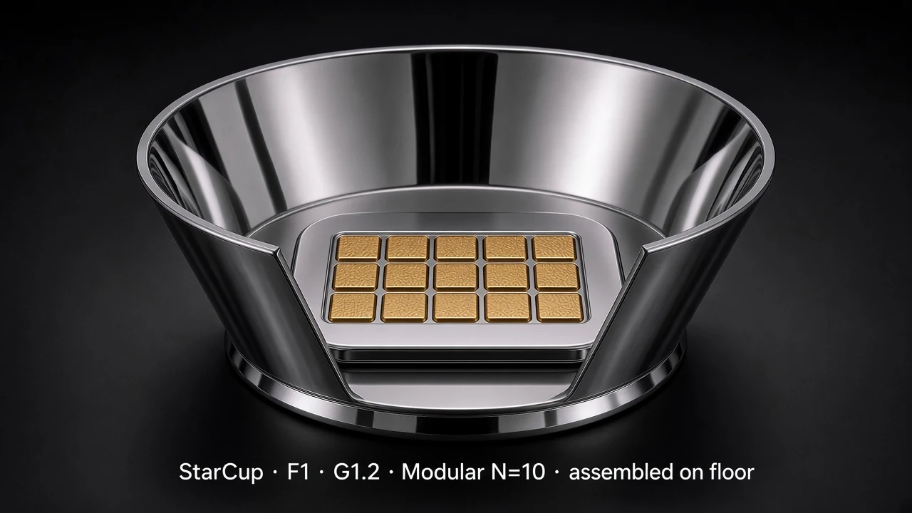 Bowl Tile (F1) carrying G1.2 Modular Panel pods - pods arranged along the inner surface of a larger bowl/dome.