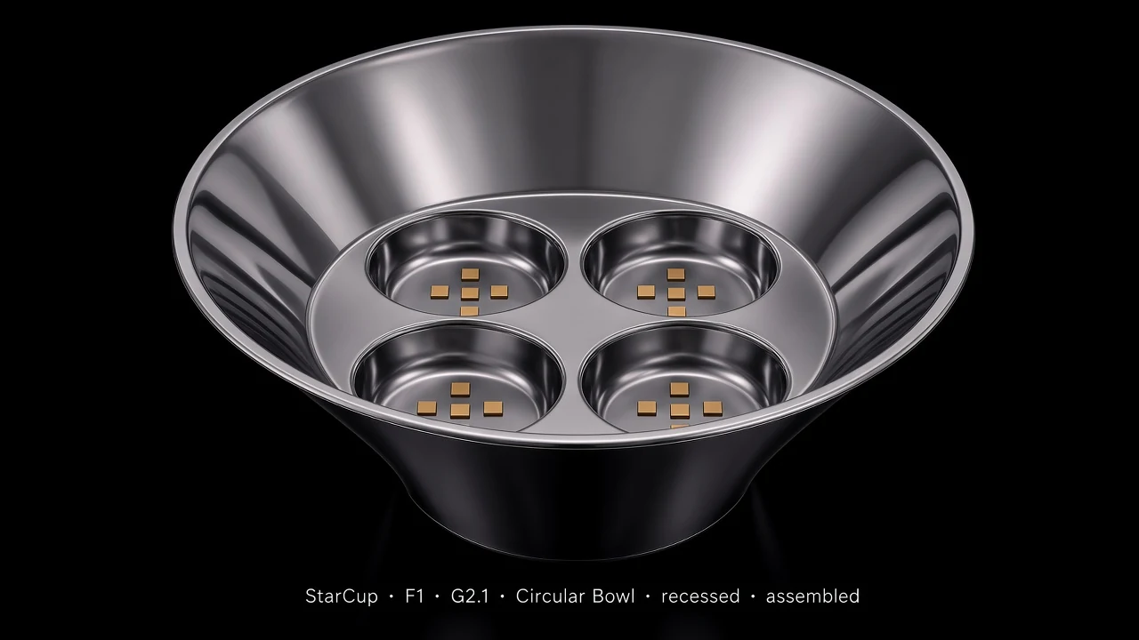 Bowl Tile (F1) carrying G2.1 Simple Circular Bowl pods - pods arranged along the inner surface of a larger bowl/dome.