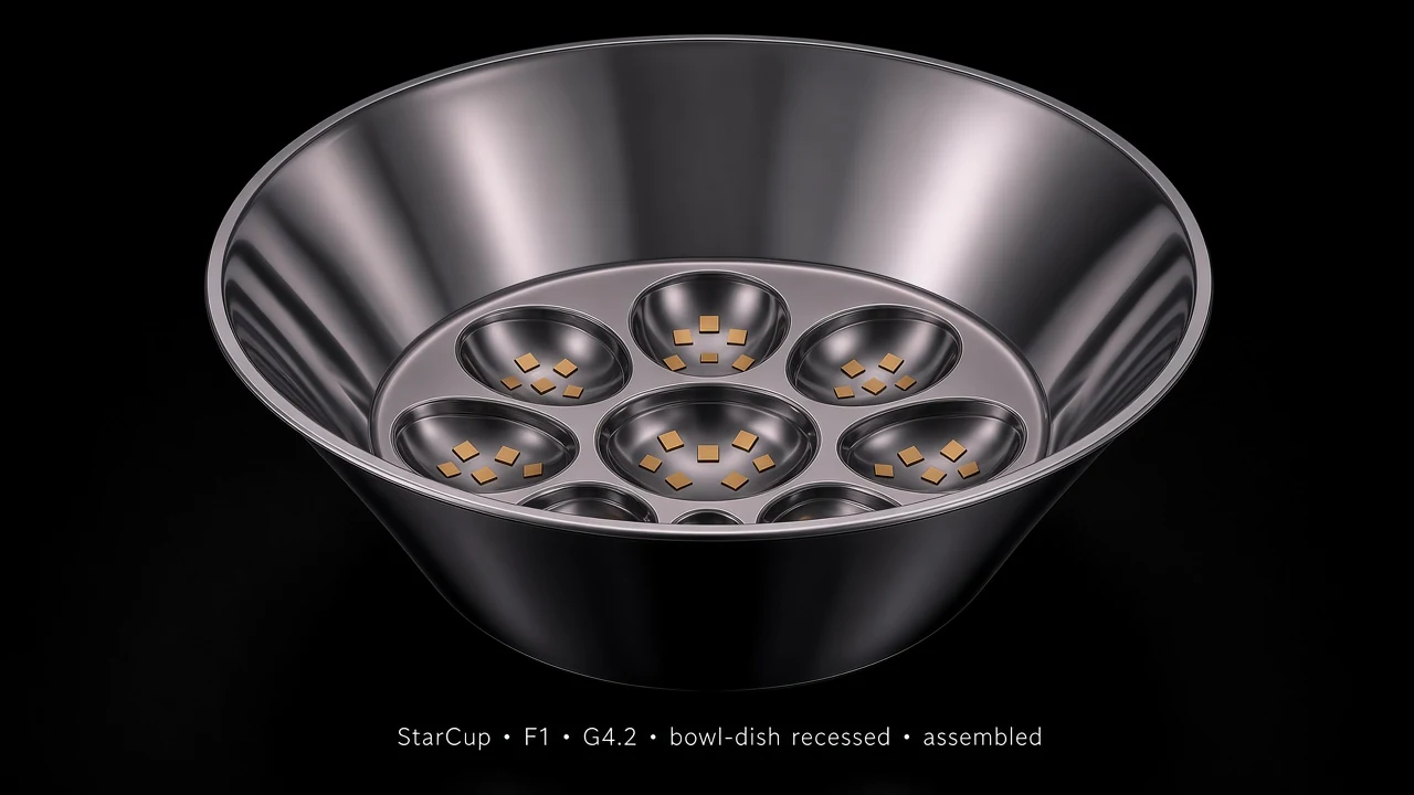 Bowl Tile (F1) carrying G2.2 Square Bowl pods - pods arranged along the inner surface of a larger bowl/dome.