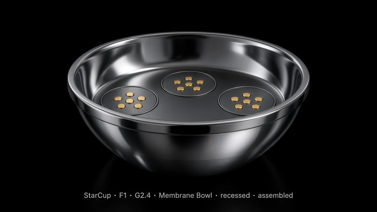 Bowl Tile (F1) carrying G2.4 Membrane Bowl pods - pods arranged along the inner surface of a larger bowl/dome.