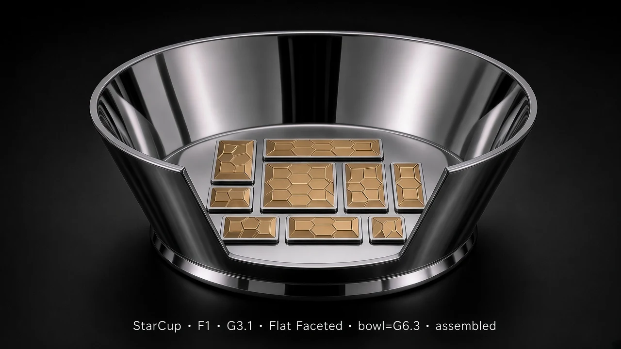 Bowl Tile (F1) carrying G3.1 Flat Faceted pods - pods arranged along the inner surface of a larger bowl/dome.