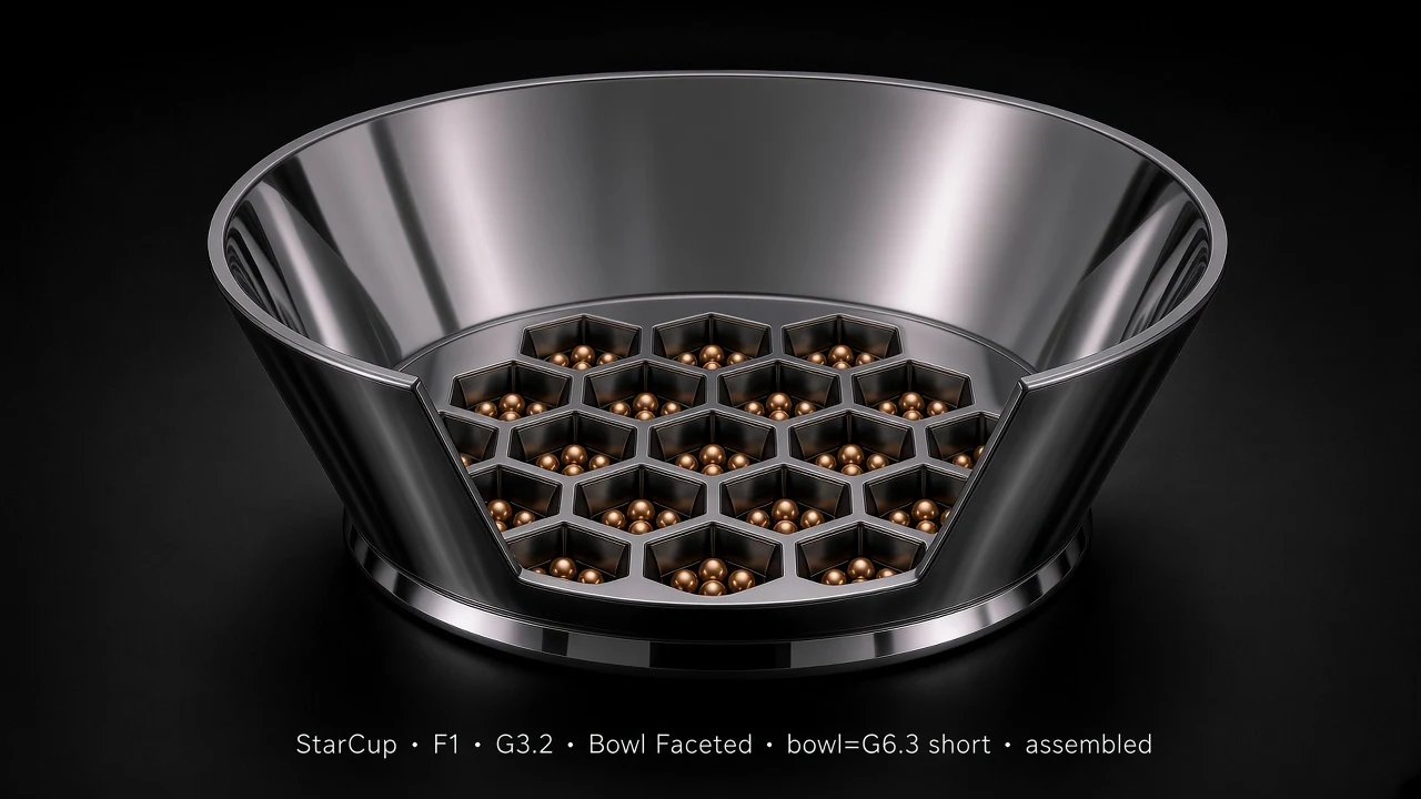 Bowl Tile (F1) carrying G3.2 Bowl Faceted pods - pods arranged along the inner surface of a larger bowl/dome.