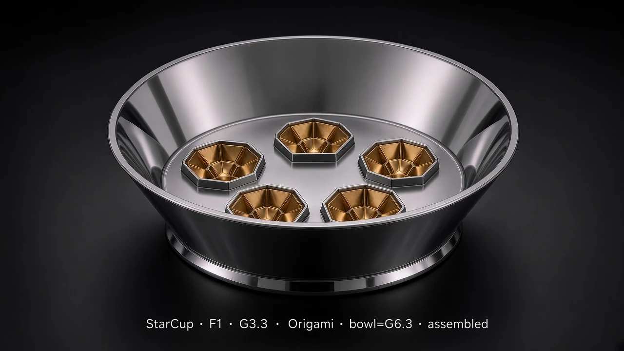 Bowl Tile (F1) carrying G3.3 Origami Adjustable pods - pods arranged along the inner surface of a larger bowl/dome.