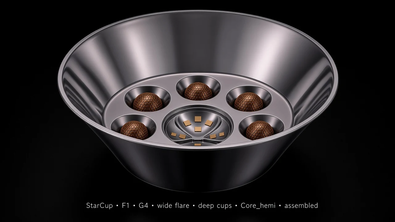 Bowl Tile (F1) carrying G4.1 Simple Parabolic Dish pods - pods arranged along the inner surface of a larger bowl/dome.