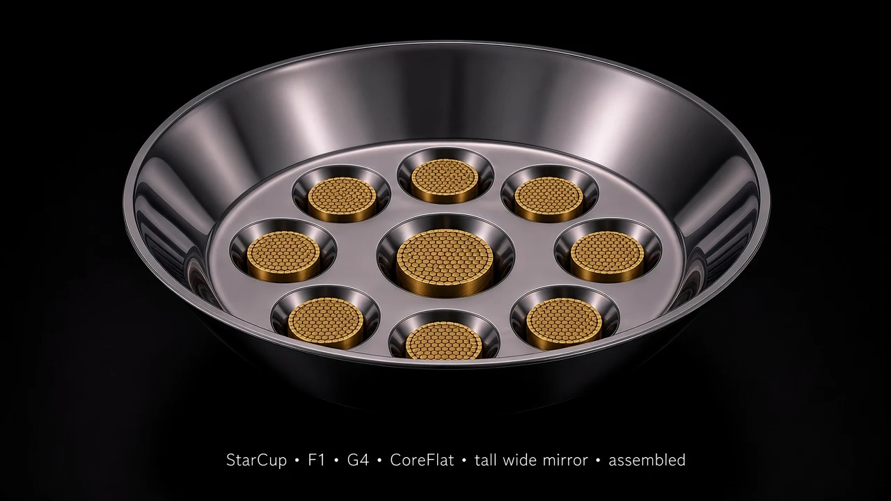 Bowl Tile (F1) carrying G4.2 Multi-Focal Core pods - pods arranged along the inner surface of a larger bowl/dome.