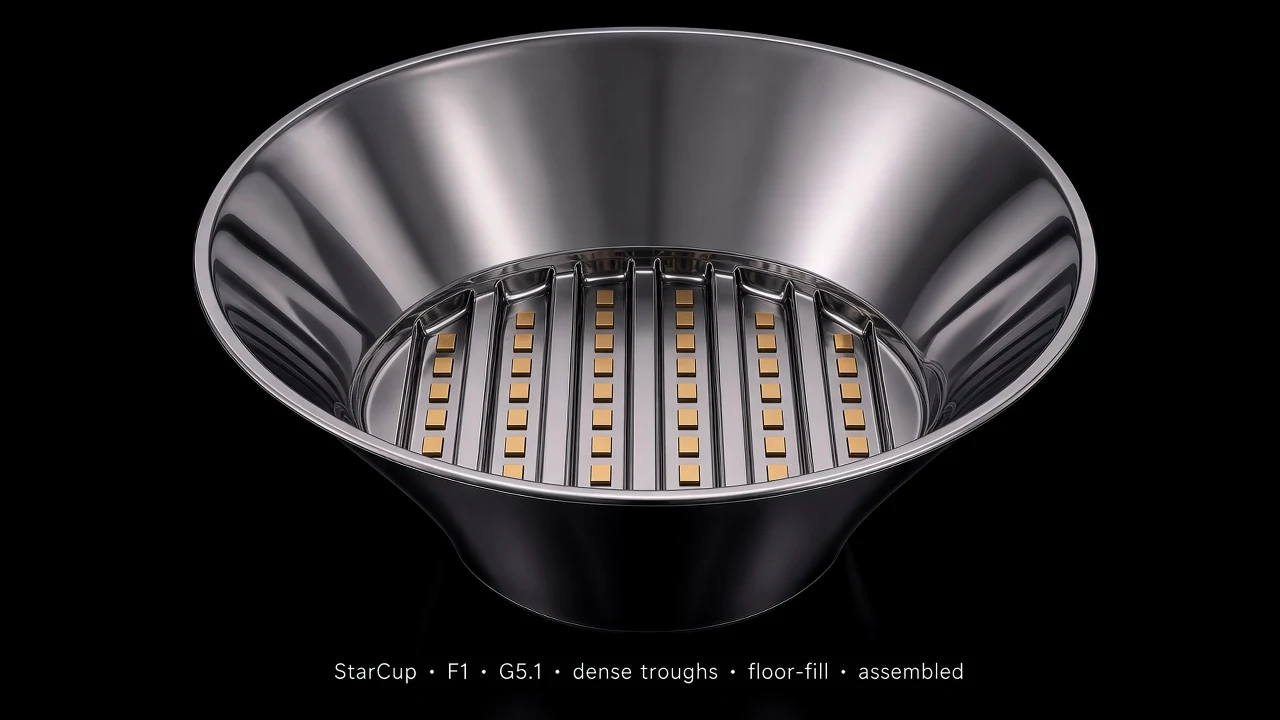 Bowl Tile (F1) carrying G5.1 Simple Trough pods - pods arranged along the inner surface of a larger bowl/dome.