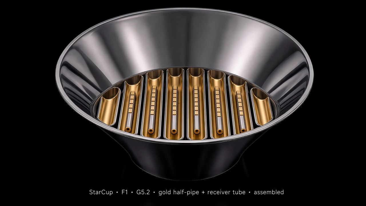 Bowl Tile (F1) carrying G5.2 Cylindrical Linear pods - pods arranged along the inner surface of a larger bowl/dome.