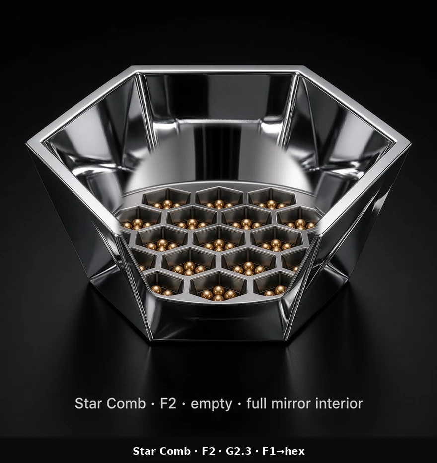 Hexagonal Bowl Tile (F2) carrying G2.3 Hexagonal Bowl + Fresnel pods - curved bowl base with a hexagonal outer boundary.