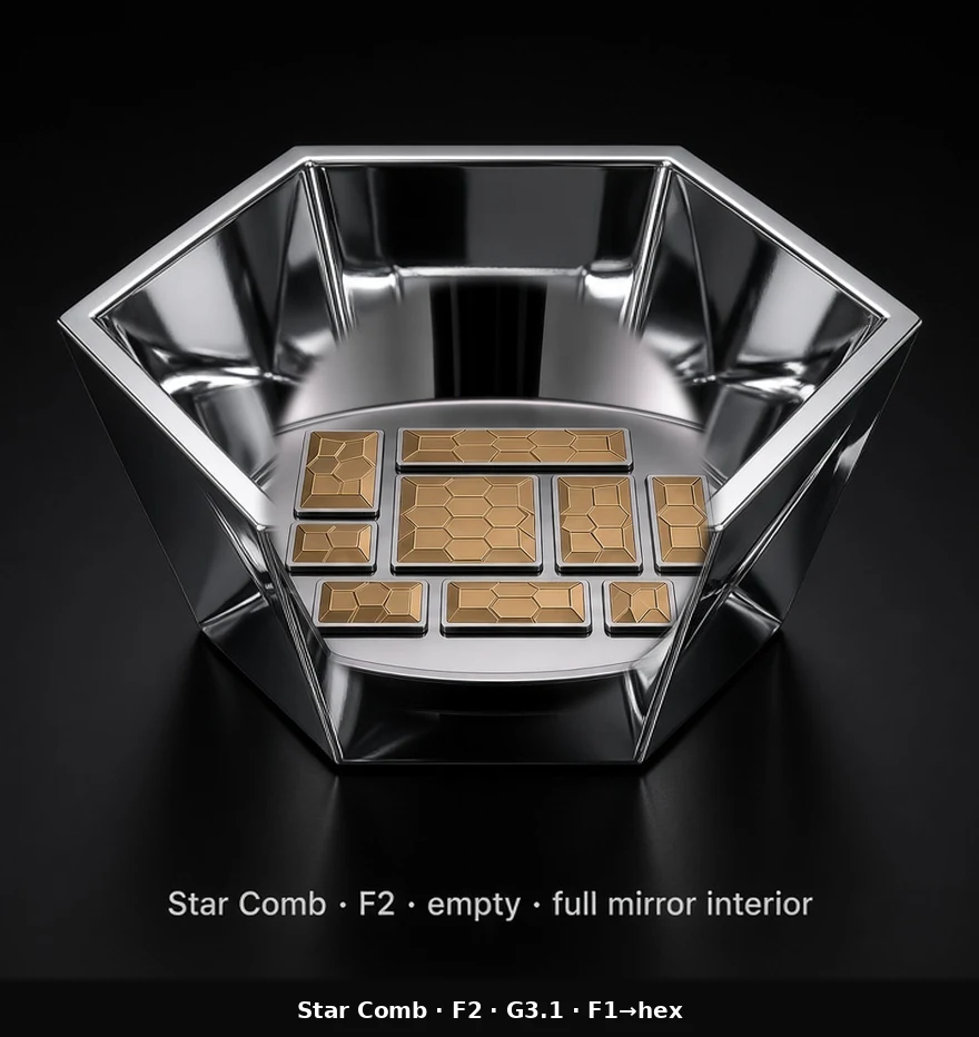 Hexagonal Bowl Tile (F2) carrying G3.1 Flat Faceted pods - curved bowl base with a hexagonal outer boundary.