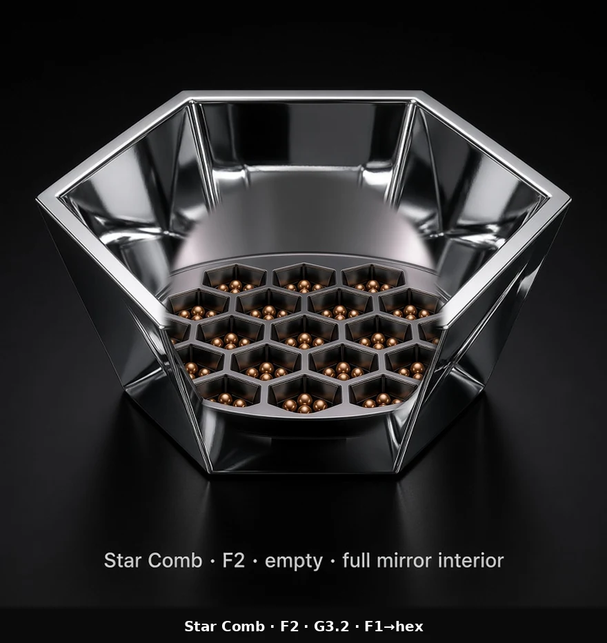 Hexagonal Bowl Tile (F2) carrying G3.2 Bowl Faceted pods - curved bowl base with a hexagonal outer boundary.