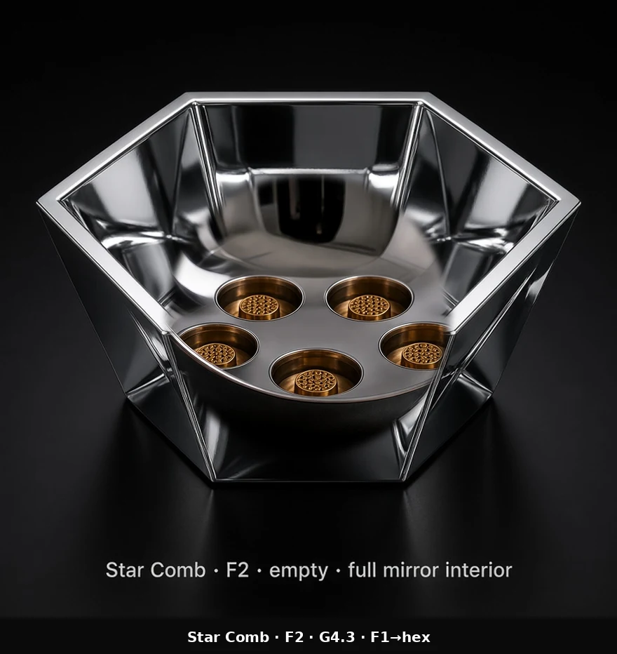 Hexagonal Bowl Tile (F2) carrying G4.3 Central Receiver Dish pods - curved bowl base with a hexagonal outer boundary.