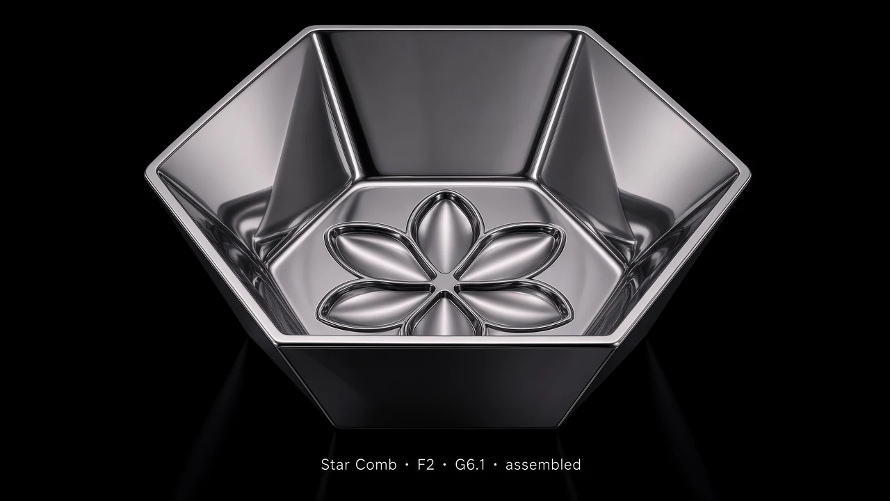 Hexagonal Bowl Tile (F2) carrying G6.1 Simple Petal pods - curved bowl base with a hexagonal outer boundary.
