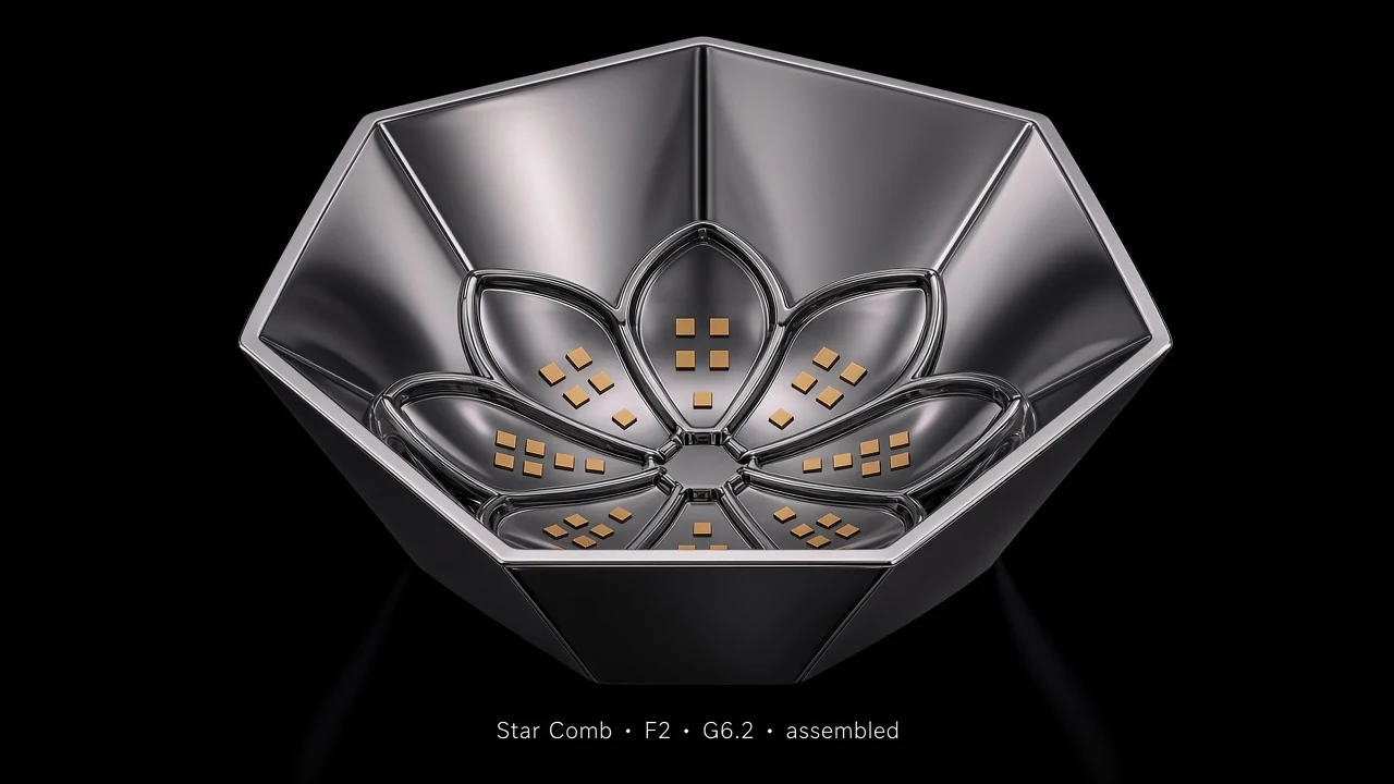 Hexagonal Bowl Tile (F2) carrying G6.2 Self-Deploying SMA Petal pods - curved bowl base with a hexagonal outer boundary.