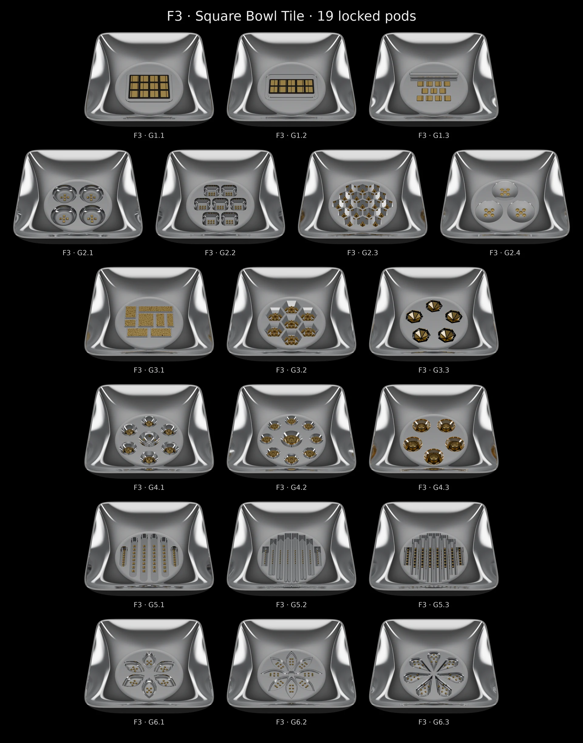 Board of all 19 Square Bowl Tile (F3) 3D tiles, G1.1-G6.3.