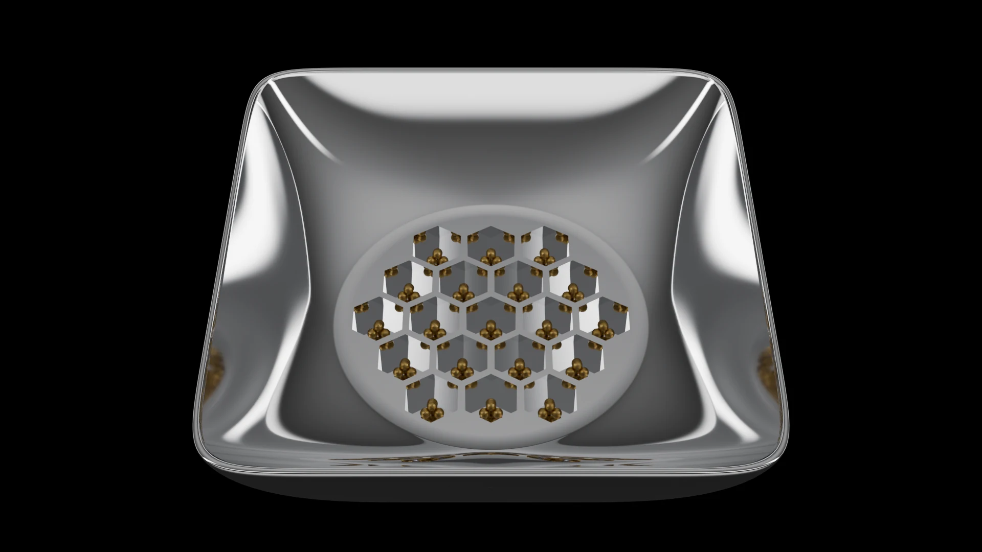 Square Bowl Tile (F3) carrying G2.3 Hexagonal Bowl + Fresnel pods - curved bowl profile with a square outer footprint.