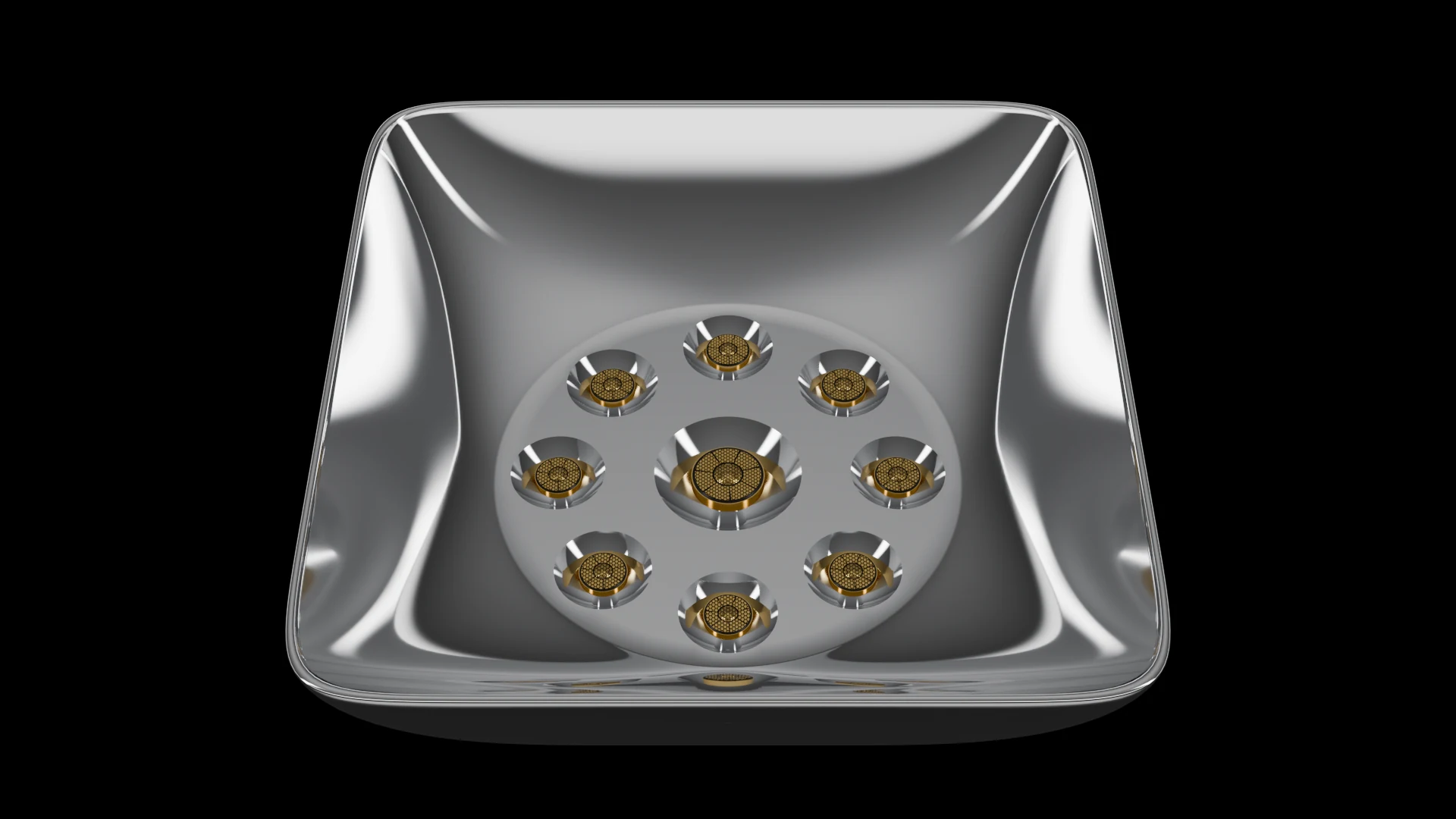 Square Bowl Tile (F3) carrying G4.2 Multi-Focal Core pods - curved bowl profile with a square outer footprint.