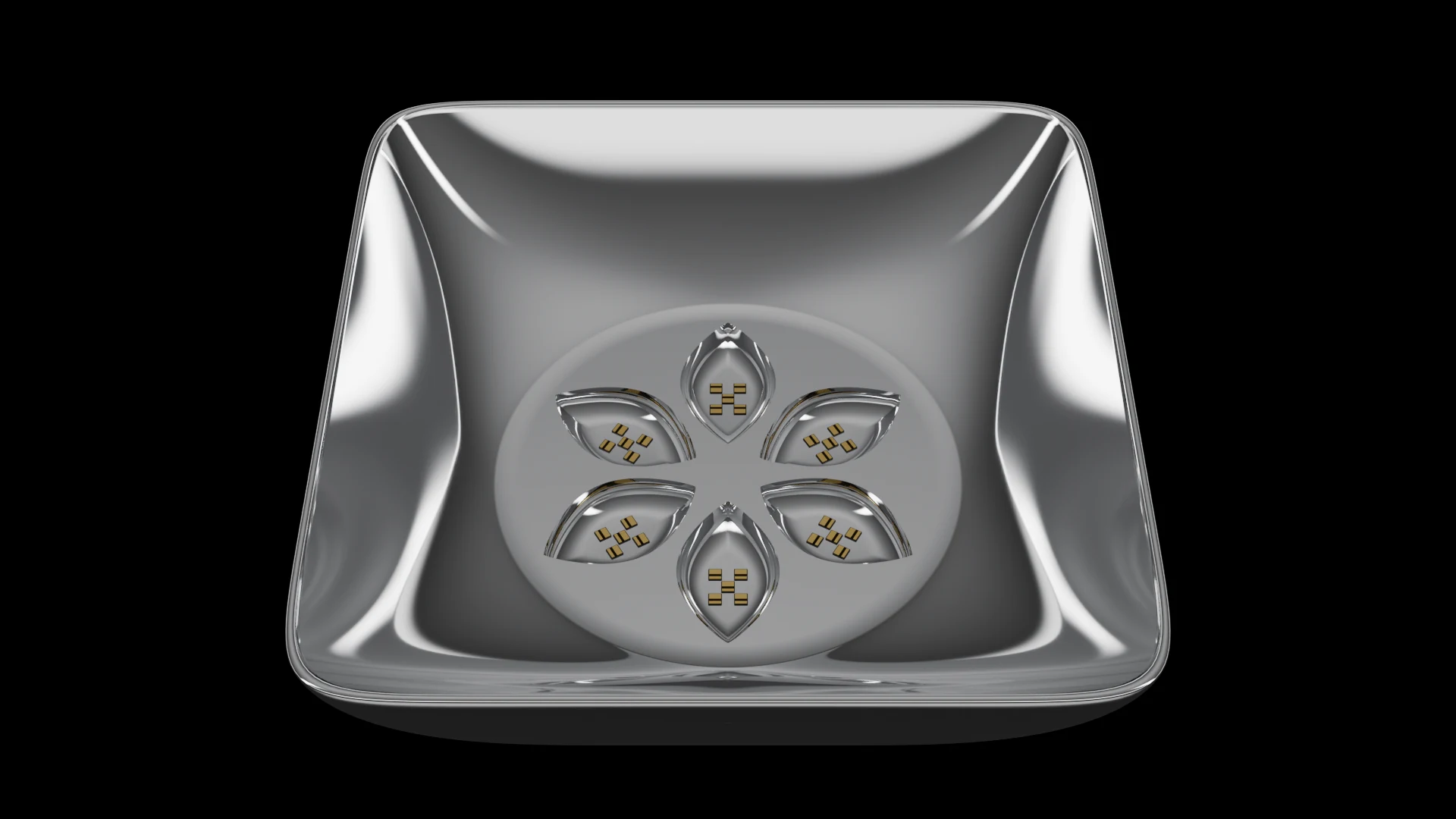 Square Bowl Tile (F3) carrying G6.1 Simple Petal pods - curved bowl profile with a square outer footprint.