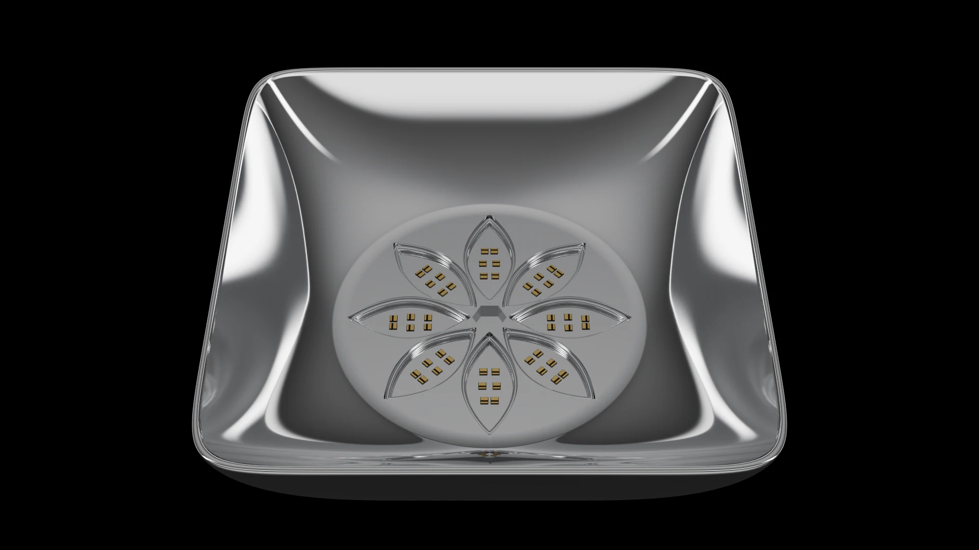Square Bowl Tile (F3) carrying G6.2 Self-Deploying SMA Petal pods - curved bowl profile with a square outer footprint.