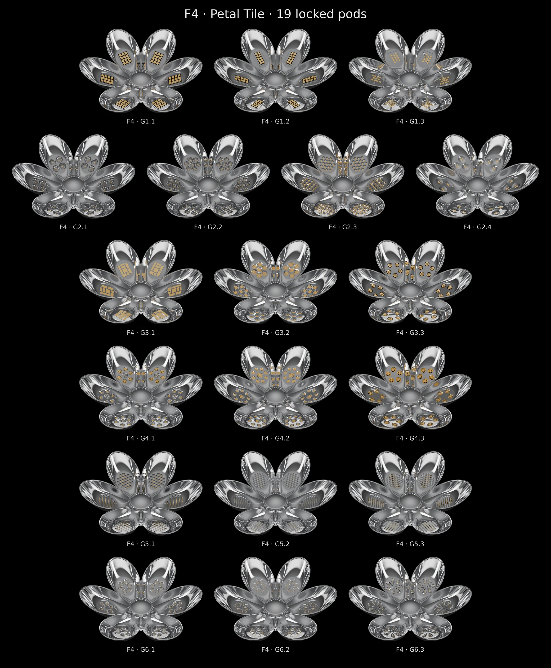Board of all 19 Petal Tile (F4) 3D tiles, G1.1-G6.3.