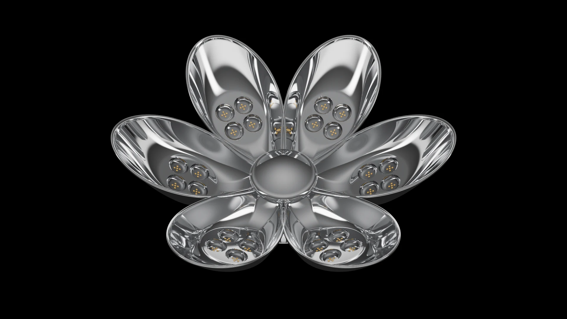 Petal Tile (F4) carrying G2.1 Simple Circular Bowl pods - pods arranged radially around a common centre, like petals.