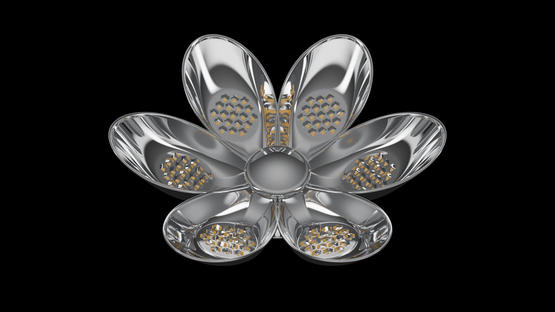 Petal Tile (F4) carrying G2.3 Hexagonal Bowl + Fresnel pods - pods arranged radially around a common centre, like petals.
