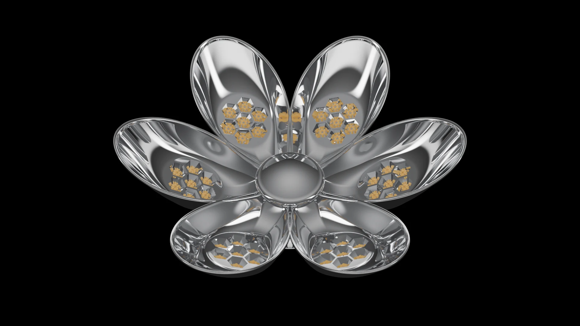 Petal Tile (F4) carrying G3.2 Bowl Faceted pods - pods arranged radially around a common centre, like petals.