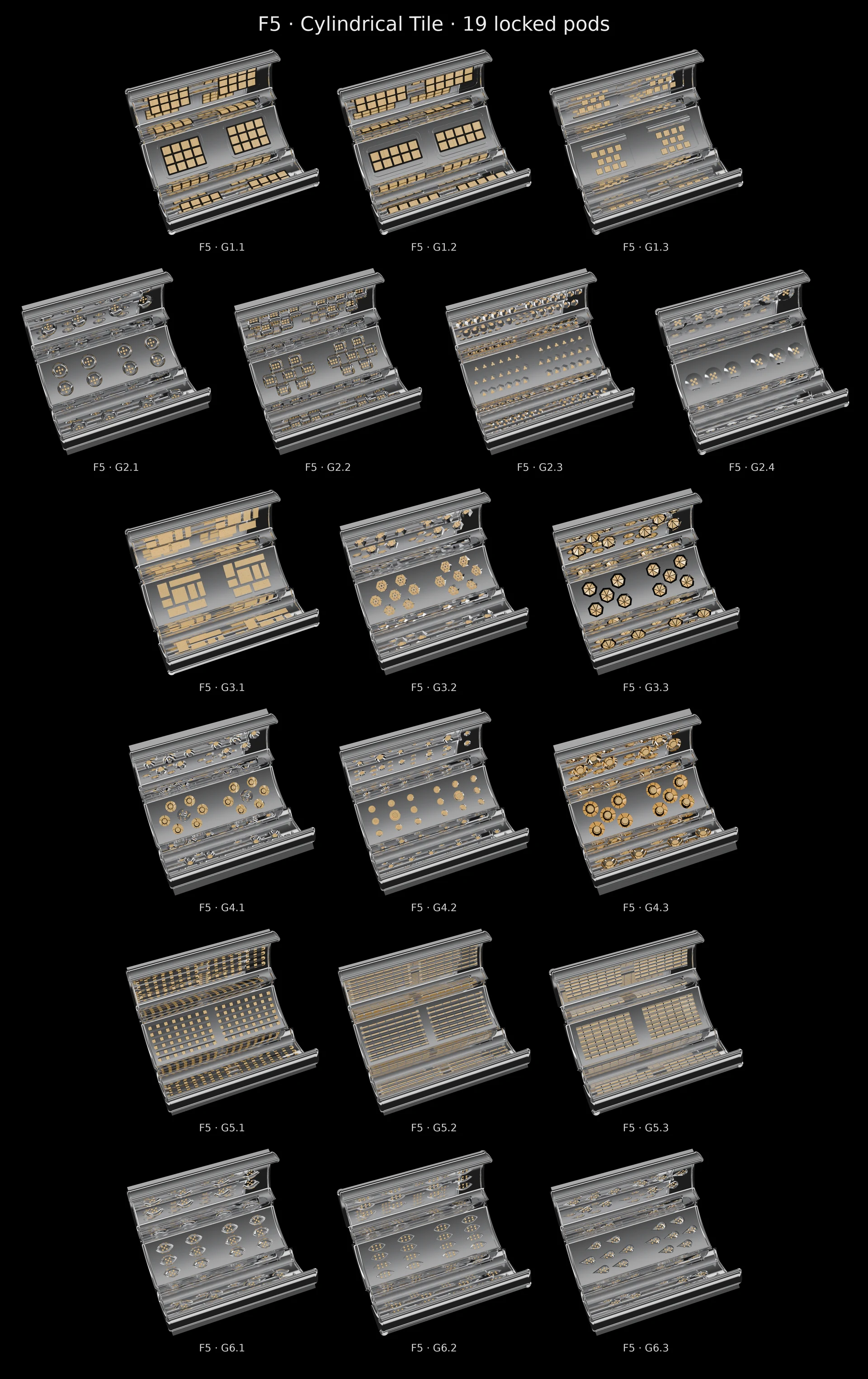 Board of all 19 Cylindrical Tile (F5) 3D tiles, G1.1-G6.3.