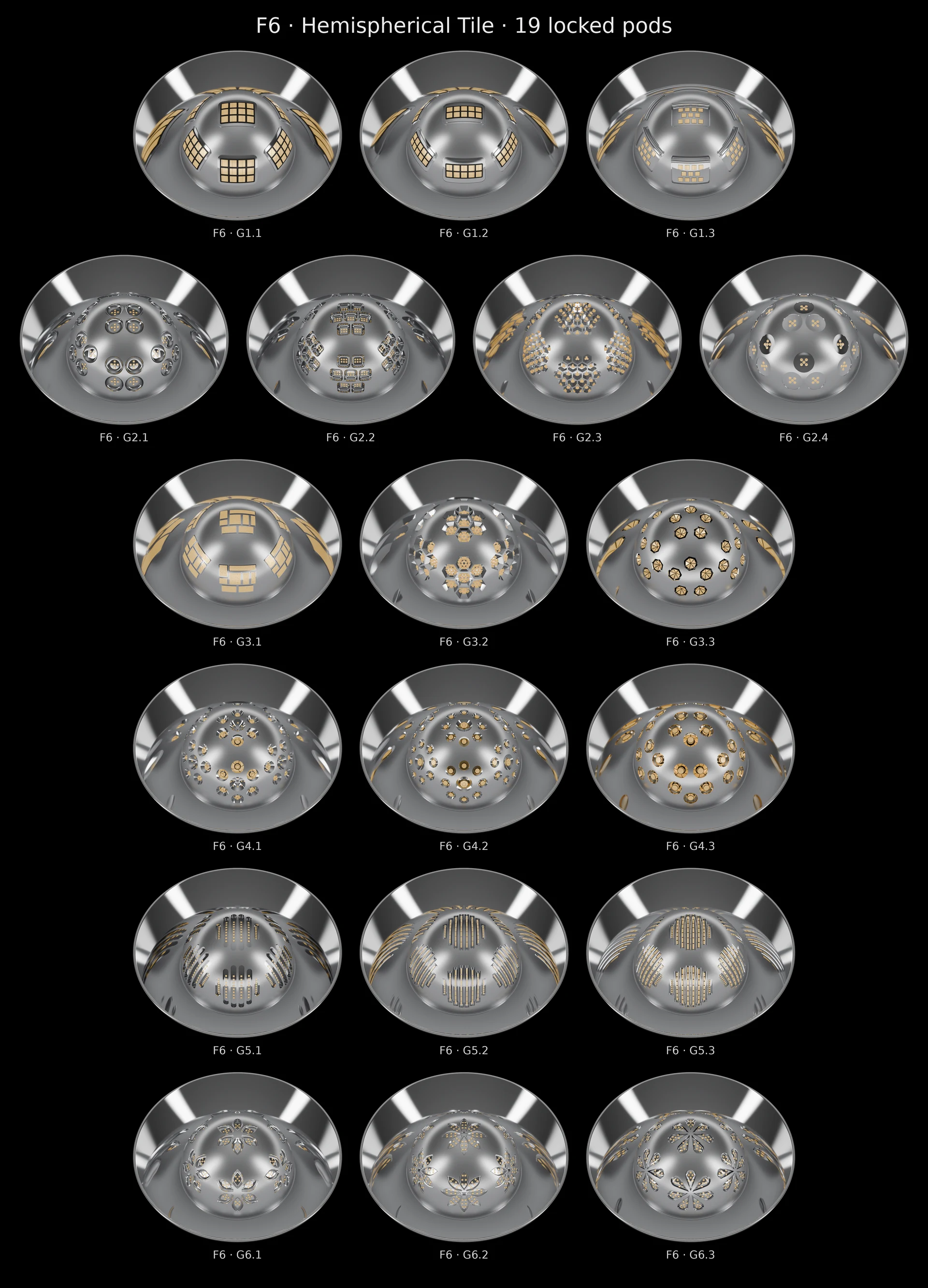 Board of all 19 Hemispherical Tile (F6) 3D tiles, G1.1-G6.3.