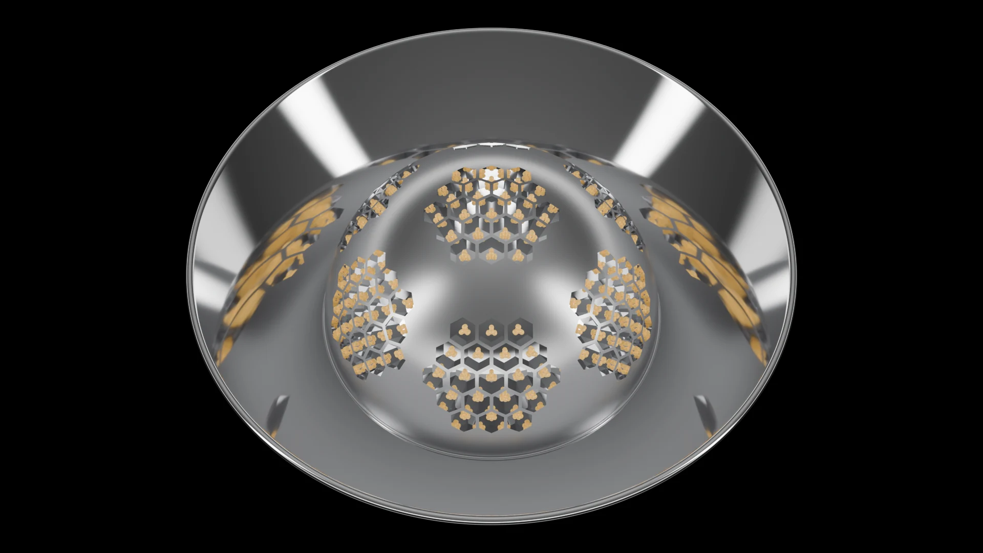 Hemispherical Tile (F6) carrying G2.3 Hexagonal Bowl + Fresnel pods - pods across a hemisphere / spherical dome cap.