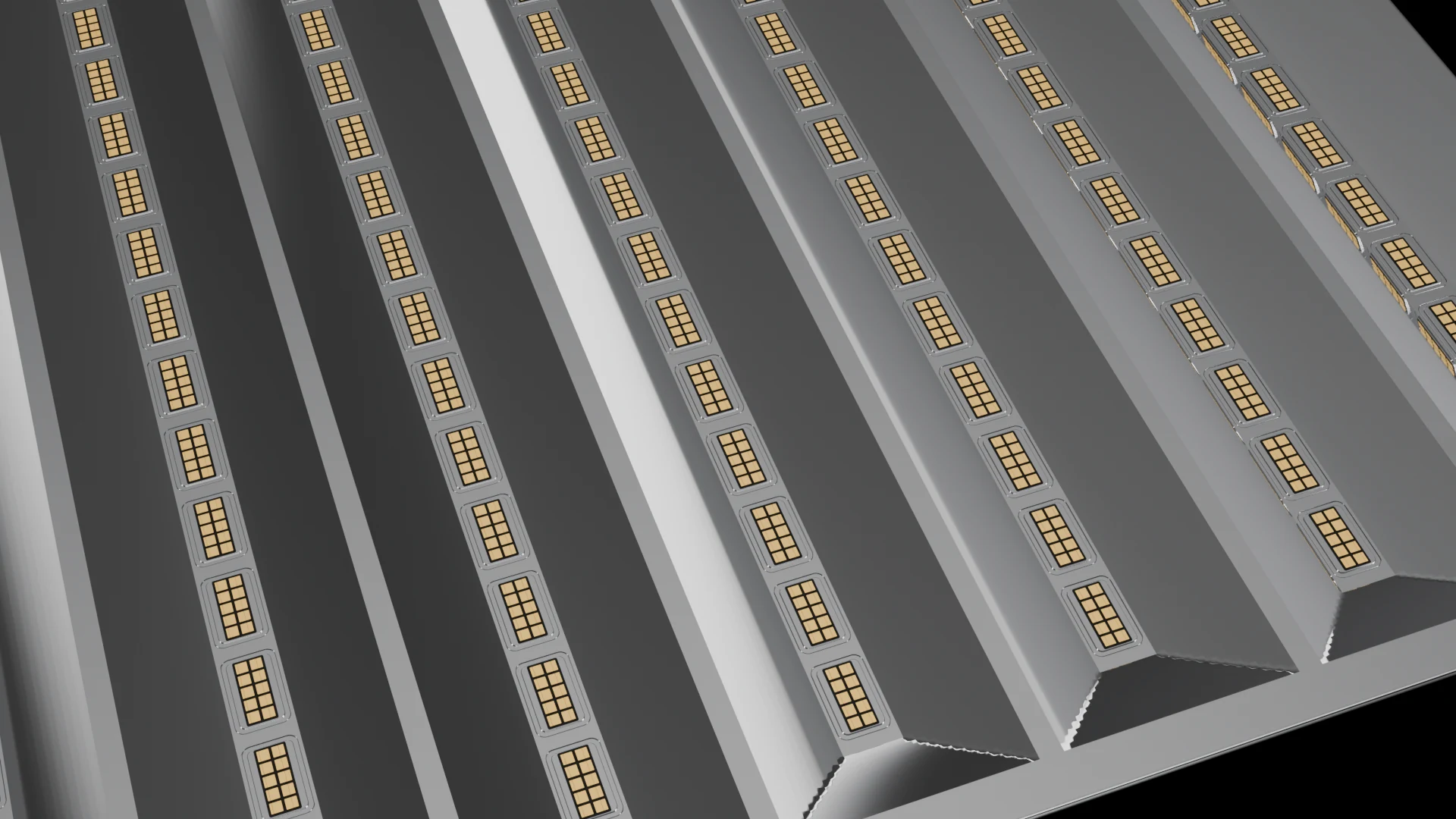 Linear/Strip Tile (F8) carrying G1.2 Modular Panel pods - pods in parallel rows, strips or linear bands.