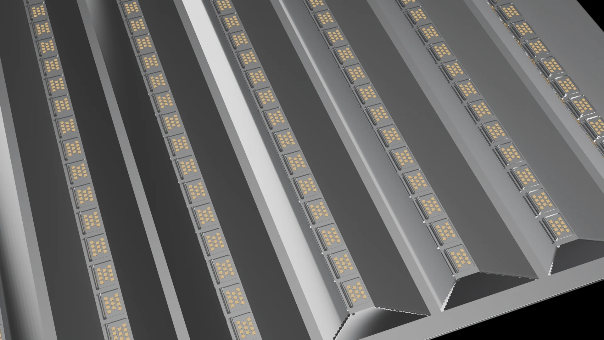 Linear/Strip Tile (F8) carrying G1.3 Rollable Membrane pods - pods in parallel rows, strips or linear bands.