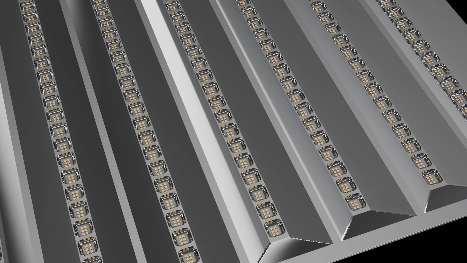Linear/Strip Tile (F8) carrying G2.2 Square Bowl pods - pods in parallel rows, strips or linear bands.
