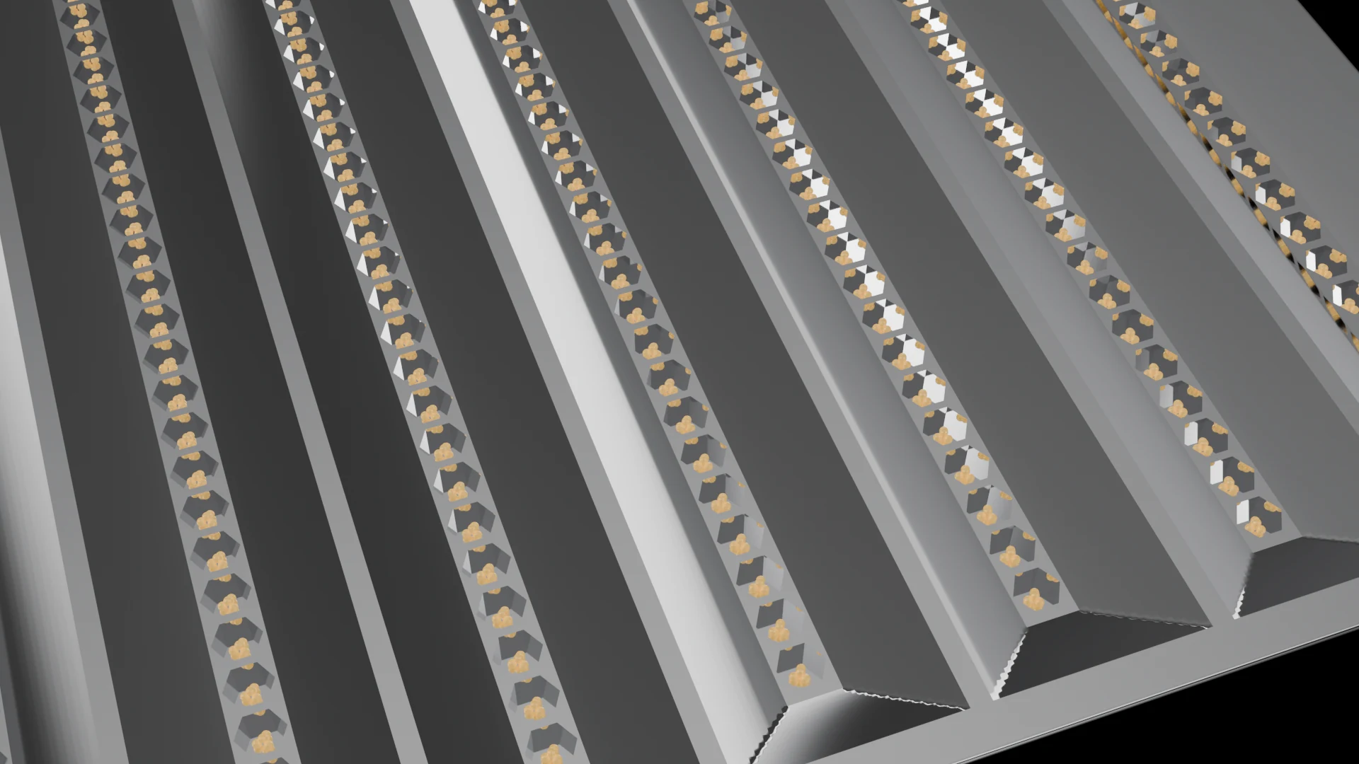 Linear/Strip Tile (F8) carrying G2.3 Hexagonal Bowl + Fresnel pods - pods in parallel rows, strips or linear bands.
