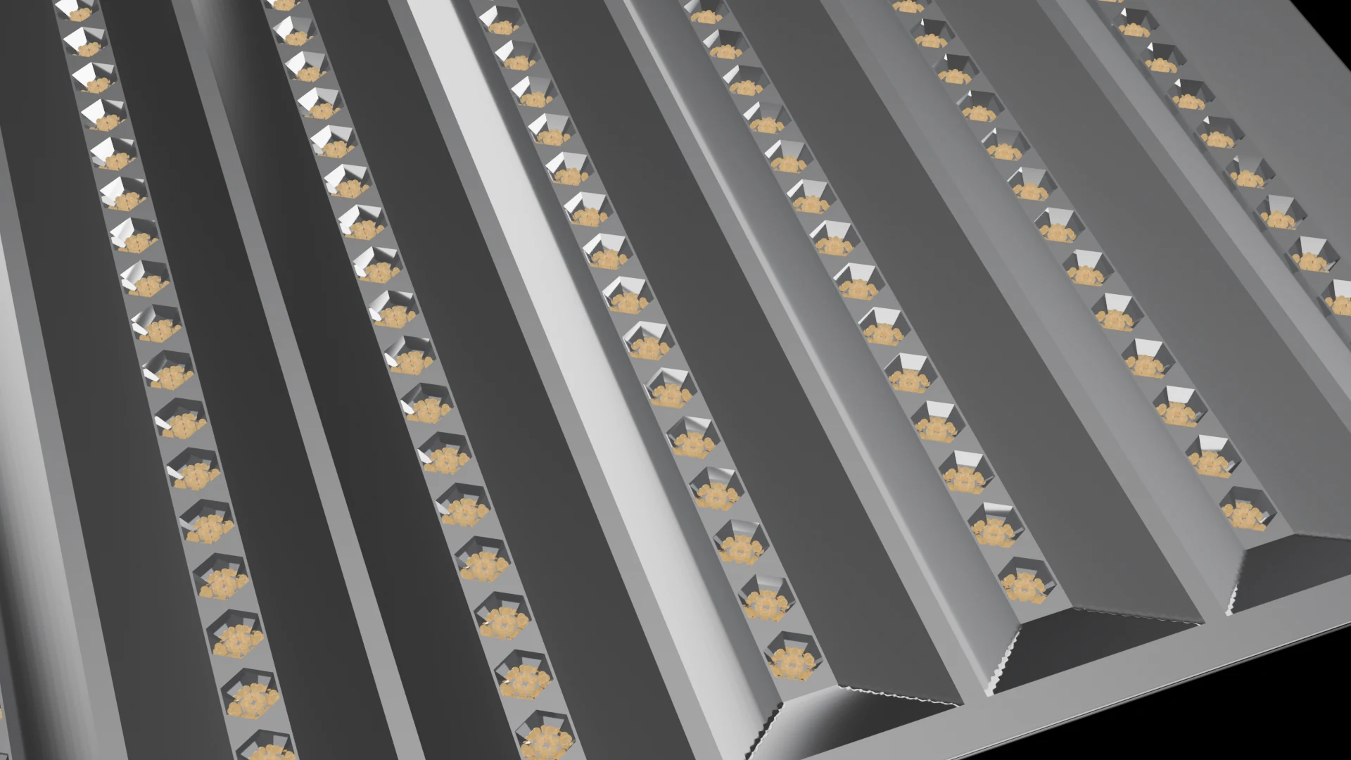 Linear/Strip Tile (F8) carrying G3.2 Bowl Faceted pods - pods in parallel rows, strips or linear bands.