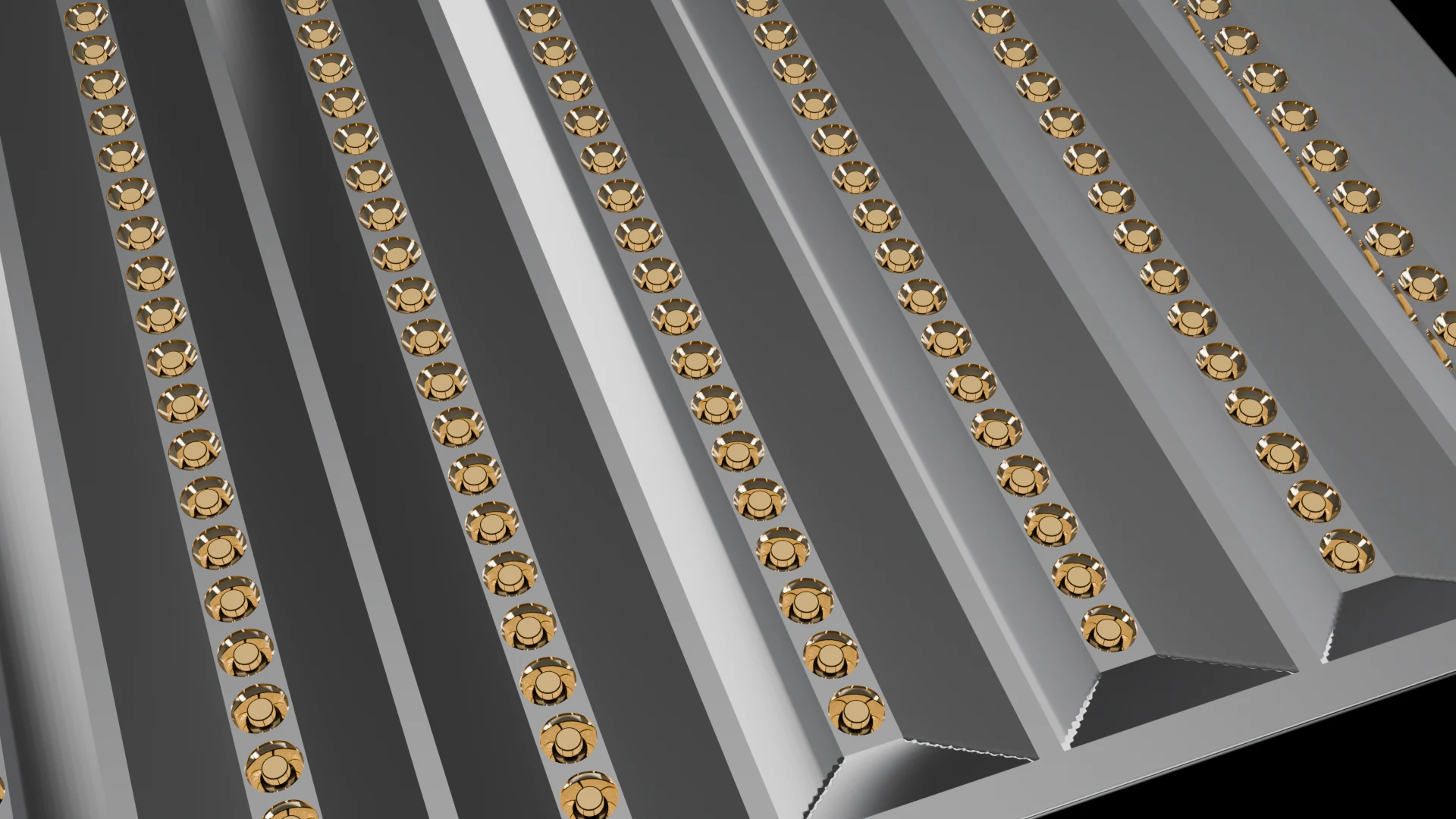 Linear/Strip Tile (F8) carrying G4.3 Central Receiver Dish pods - pods in parallel rows, strips or linear bands.