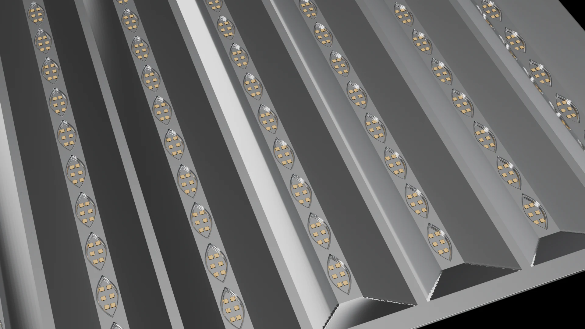 Linear/Strip Tile (F8) carrying G6.2 Self-Deploying SMA Petal pods - pods in parallel rows, strips or linear bands.